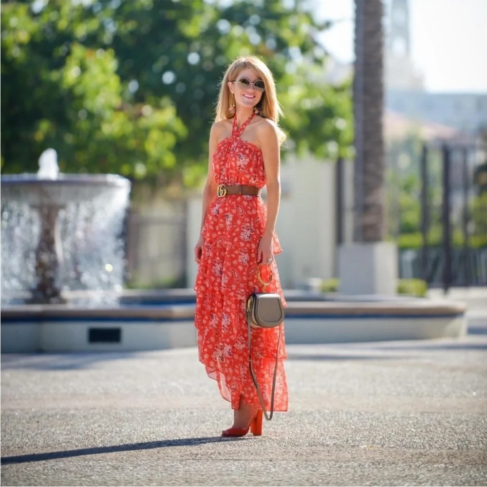 NEW MISA Los Angeles Halter Neck Ruffle Tiered Floral Maxi Dress Red Boho Summer - Picture 8 of 16